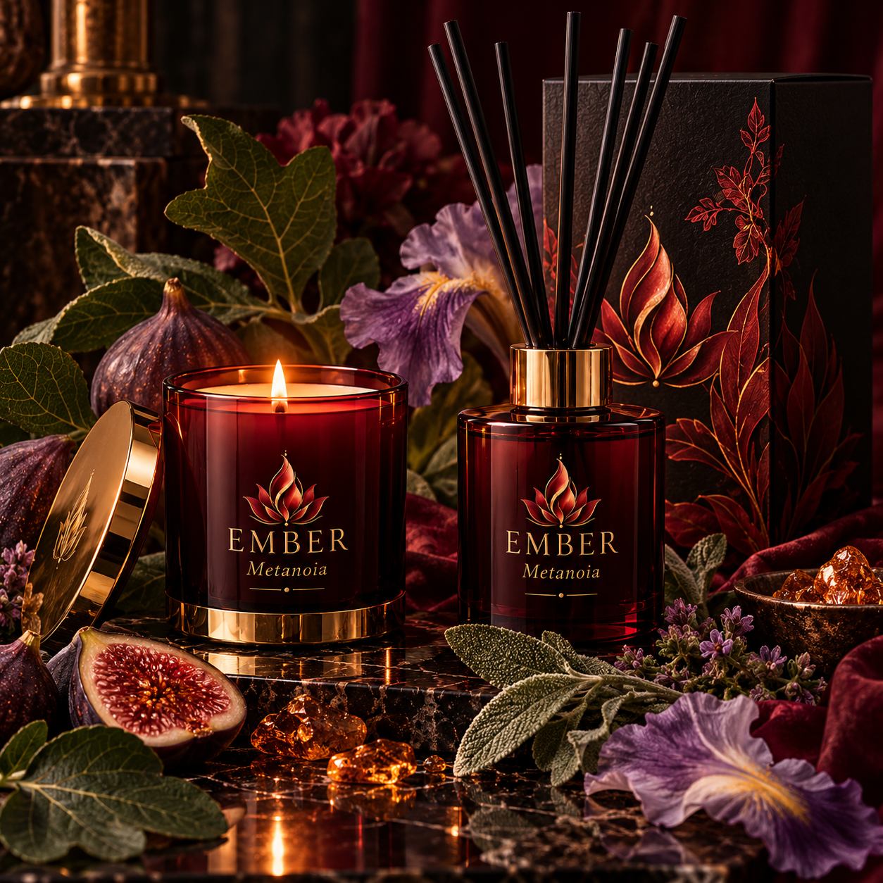 Metanoia candle and reed diffuser concept in Ember burgundy, black, and gold styling