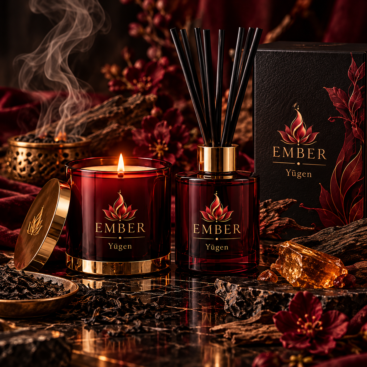 Yūgen candle and reed diffuser concept in Ember burgundy, black, and gold styling