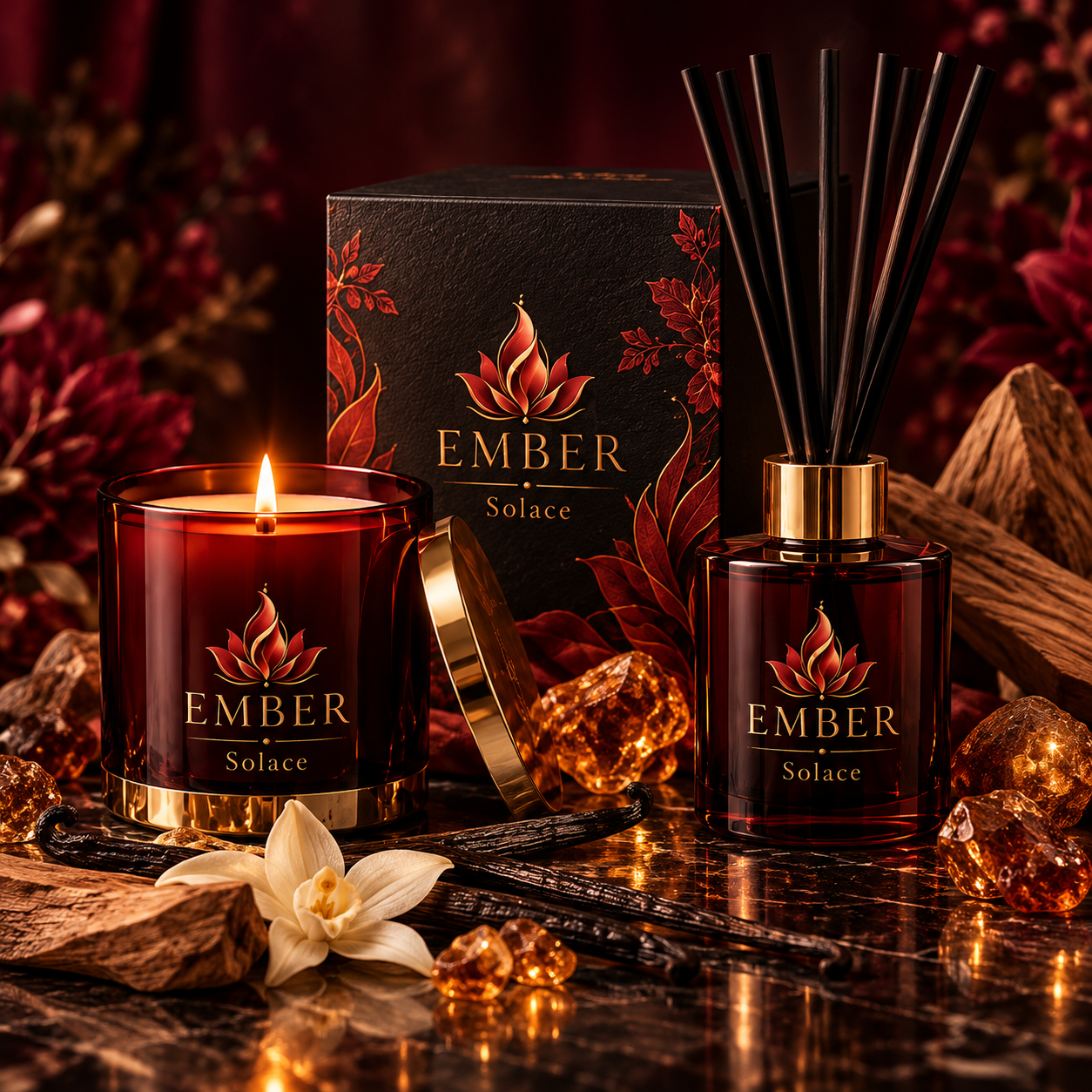 Solace candle and reed diffuser concept in Ember burgundy, black, and gold styling