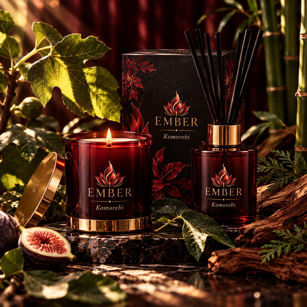 Komorebi candle and reed diffuser concept in Ember burgundy, black, and gold styling