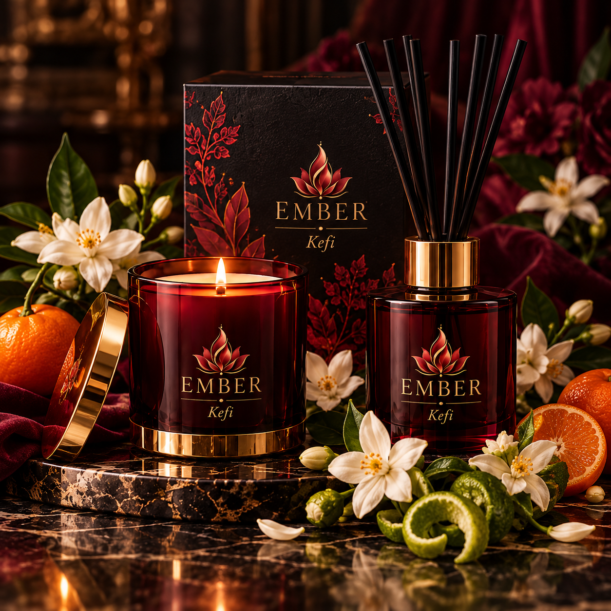 Kefi candle and reed diffuser concept in Ember burgundy, black, and gold styling