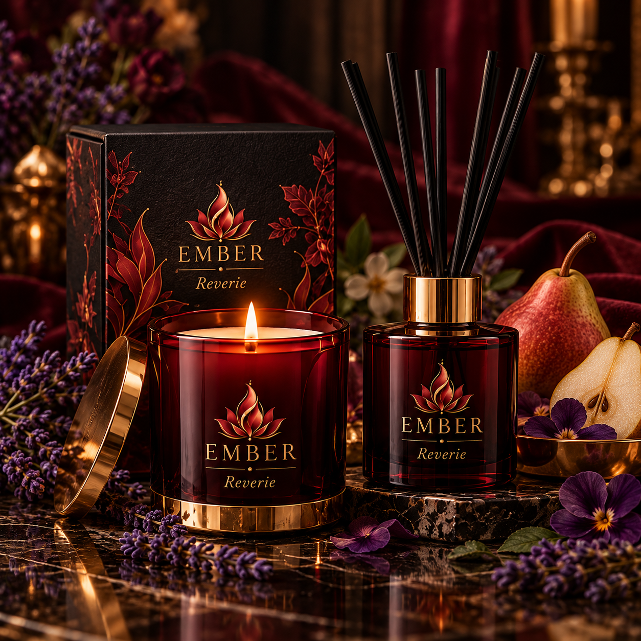 Reverie candle and reed diffuser concept in Ember burgundy, black, and gold styling