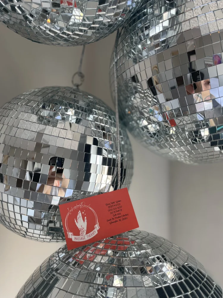 Disco balls hanging in the studio