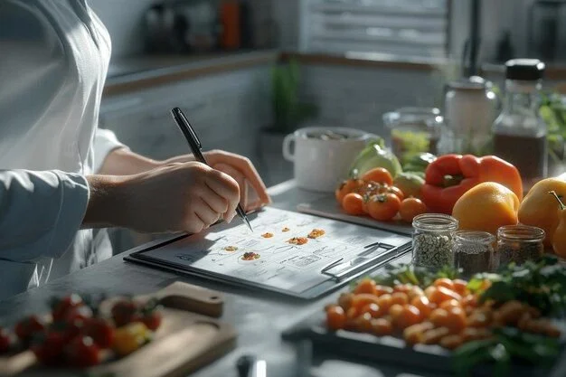 Chef planning a menu at a kitchen counter with fresh produce