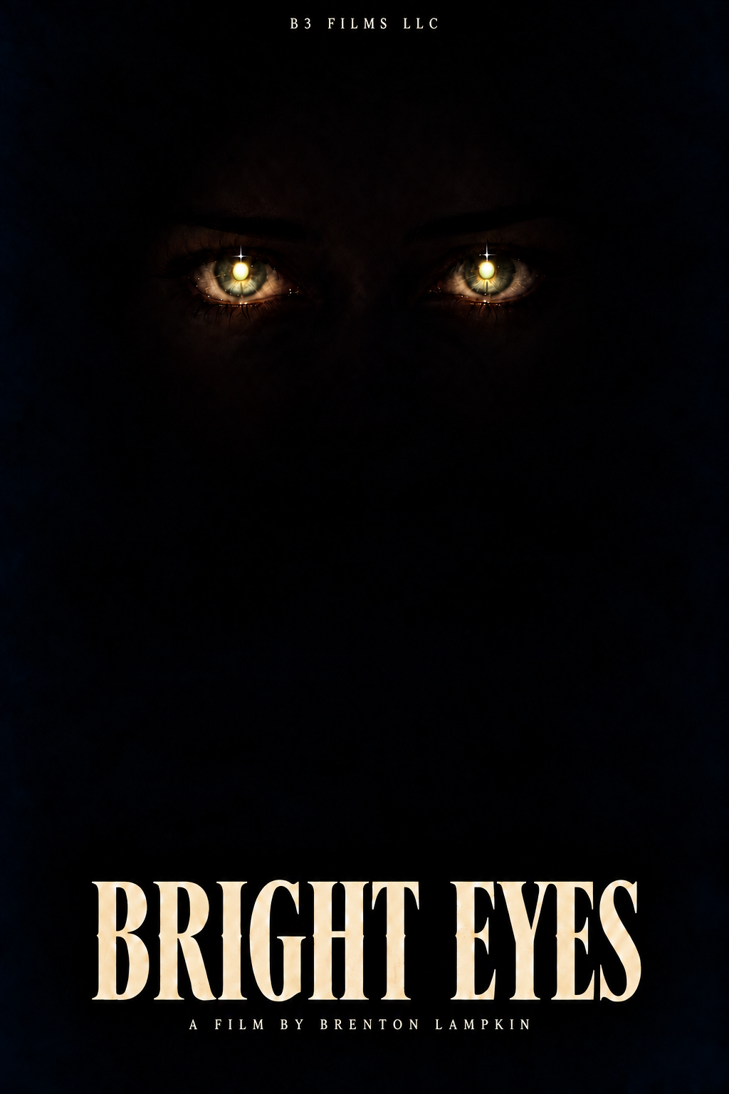 Bright Eyes concept poster: human eyes with a pale golden glow and a tiny twinkle emerge from darkness.