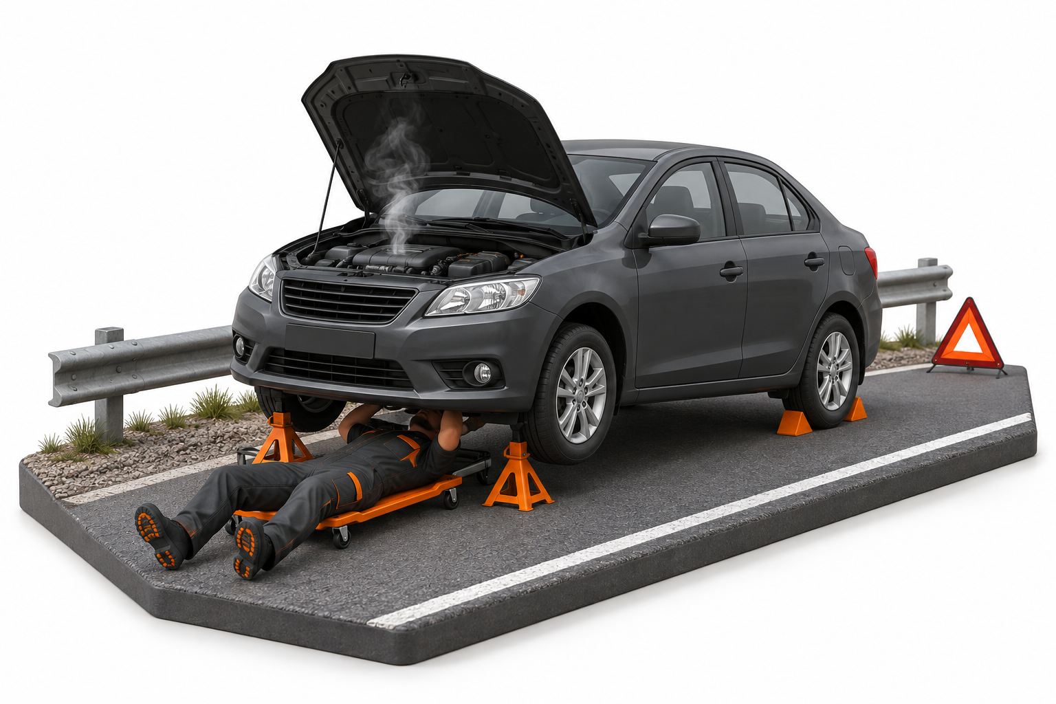 3D illustration of a mechanic repairing a charcoal passenger car on a roadside shoulder, with its bonnet open and smoke rising