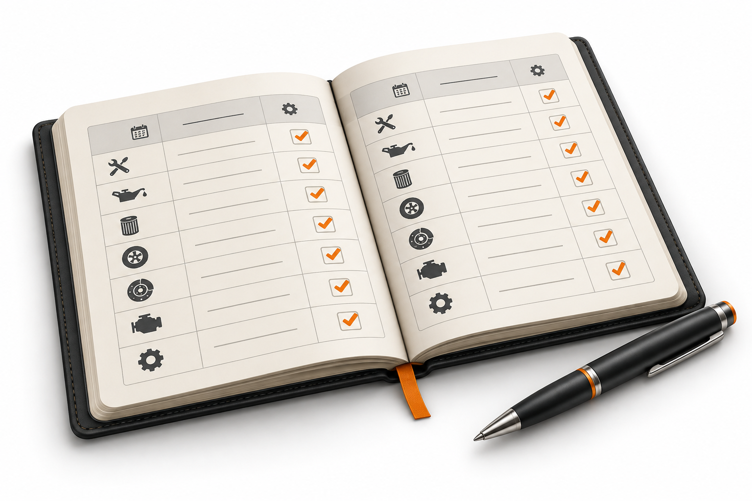 3D illustration of a vehicle service logbook and pen
