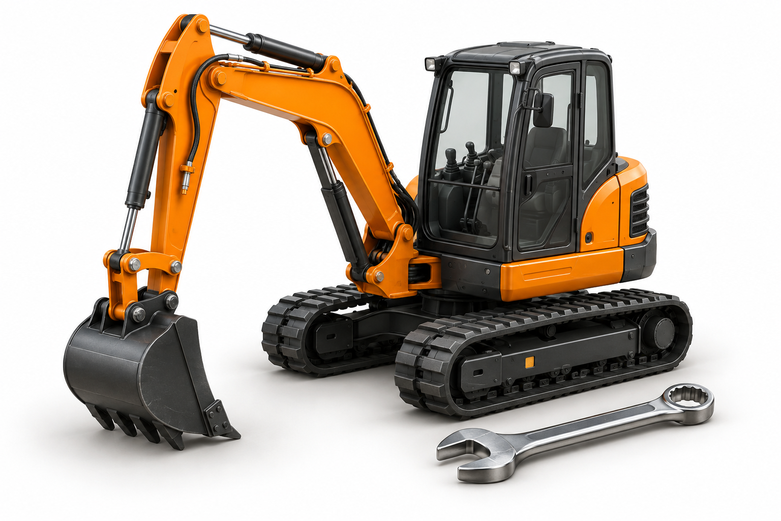 3D illustration of an excavator and spanner