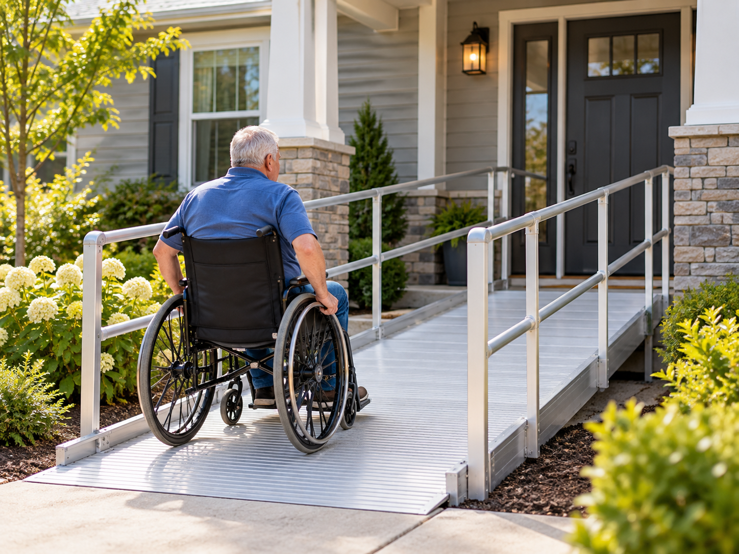 Wheelchair user using an aluminum wheelchair ramp to access a residential entrance.