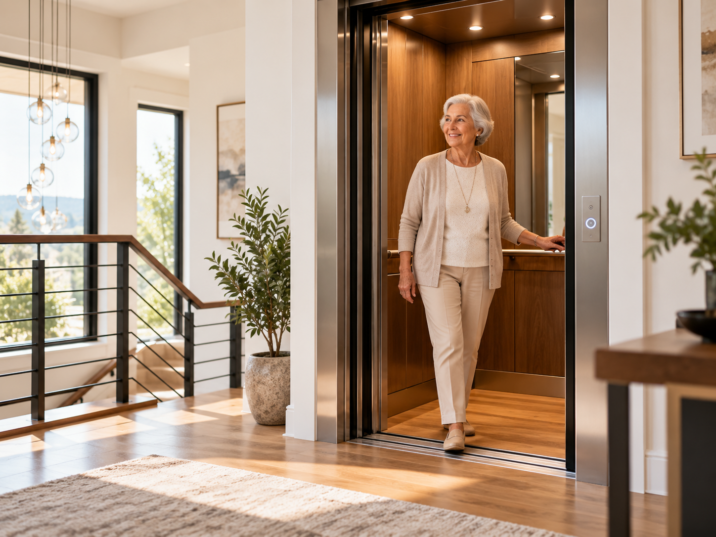 Older woman using a residential home elevator inside a modern accessible home.