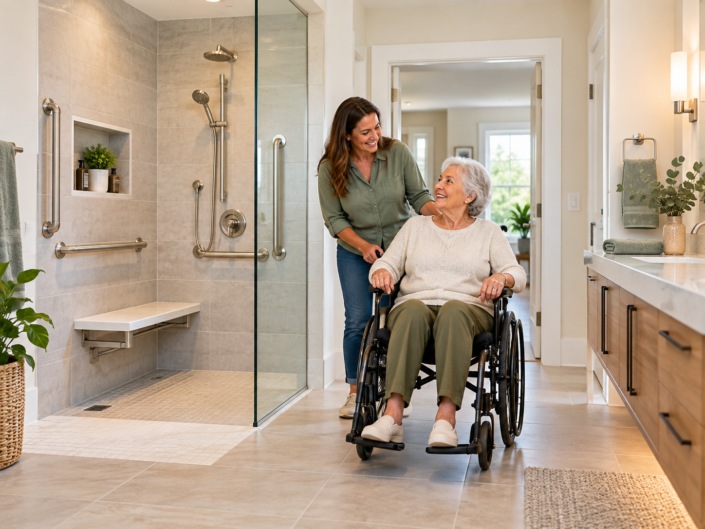 Older wheelchair user in an accessible bathroom with roll-in shower, grab bars and shower seating.