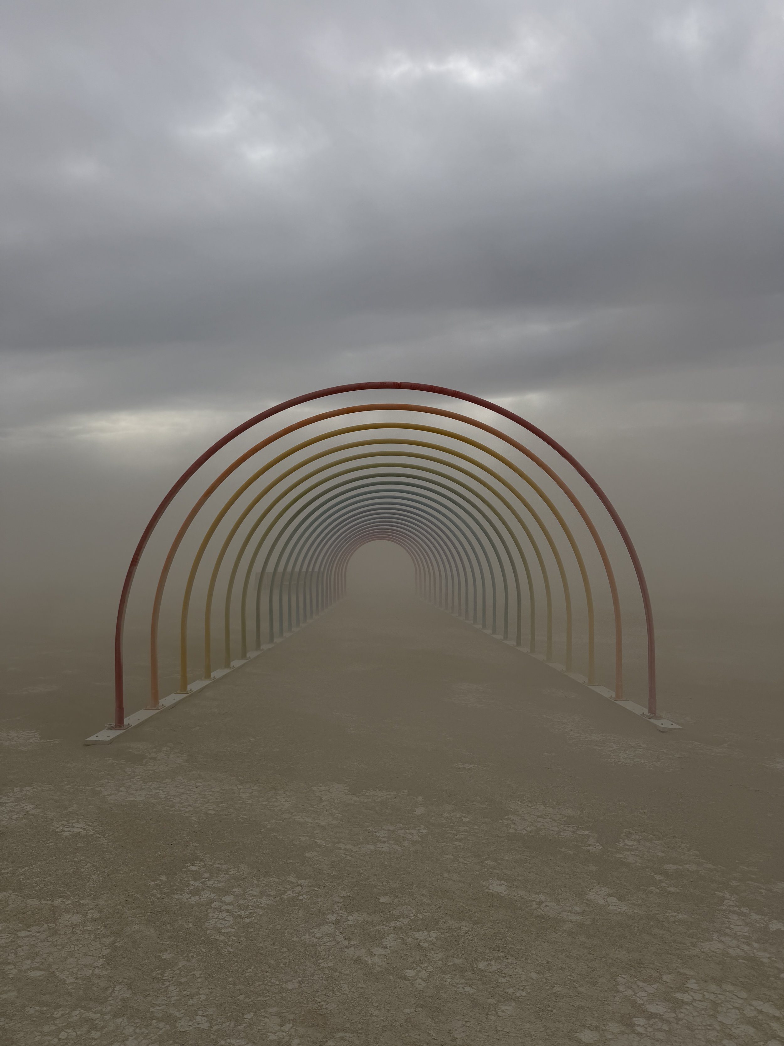 Looking into the arch tunnel during a dust storm