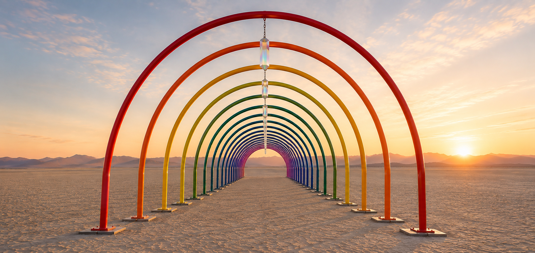 Rendering of the rainbow arch tunnel at sunset, straight on