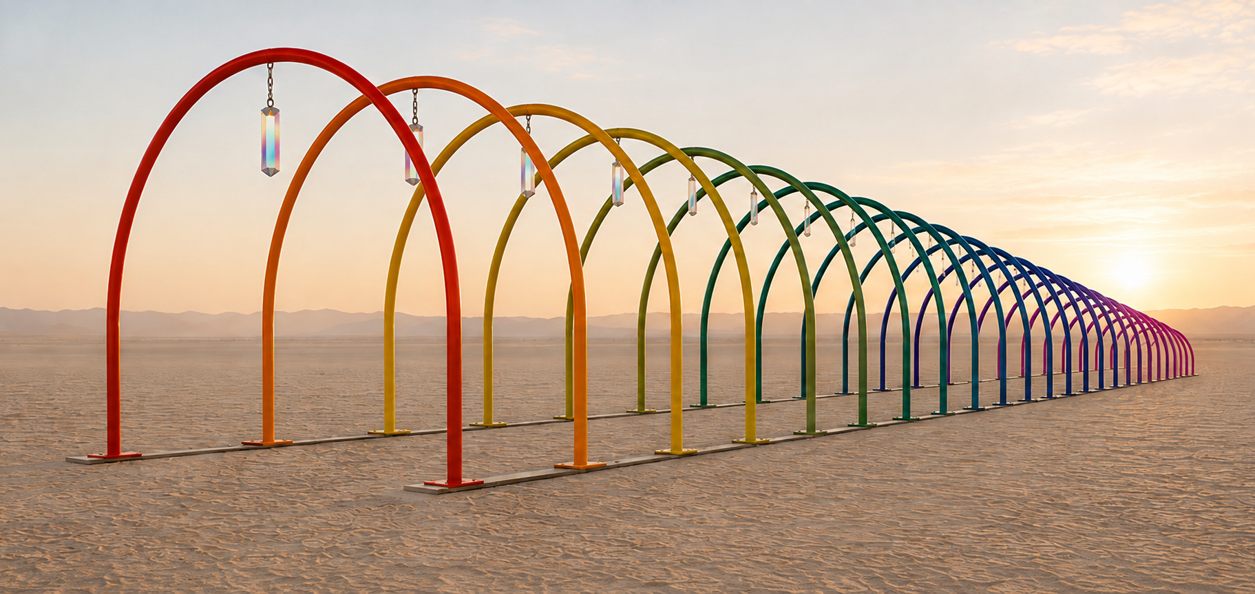 Rendering of the rainbow arch tunnel at sunset, angled view