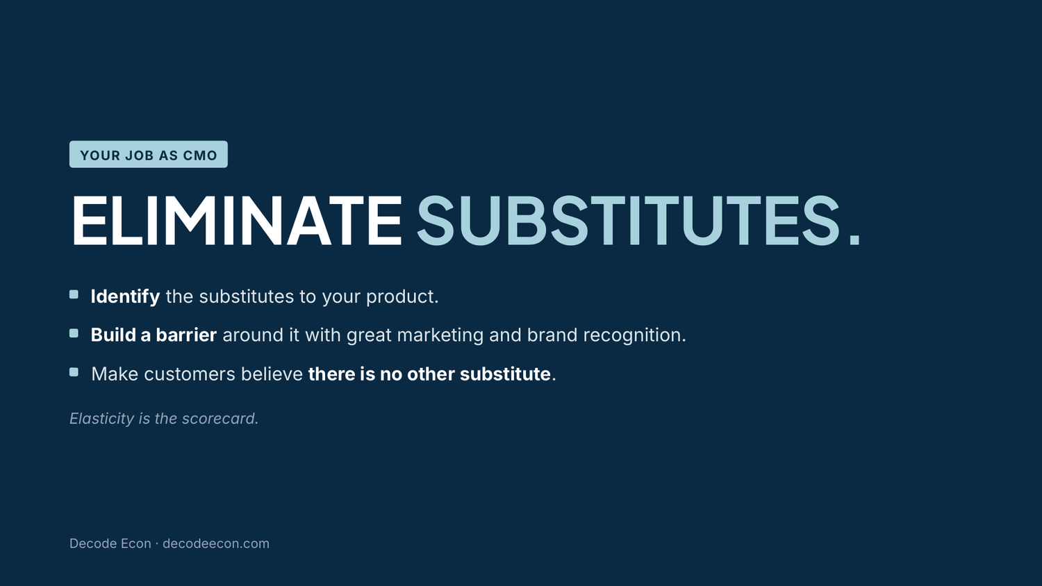 The marketer's job: identify the substitutes, build a barrier, and make customers believe there is no other option.