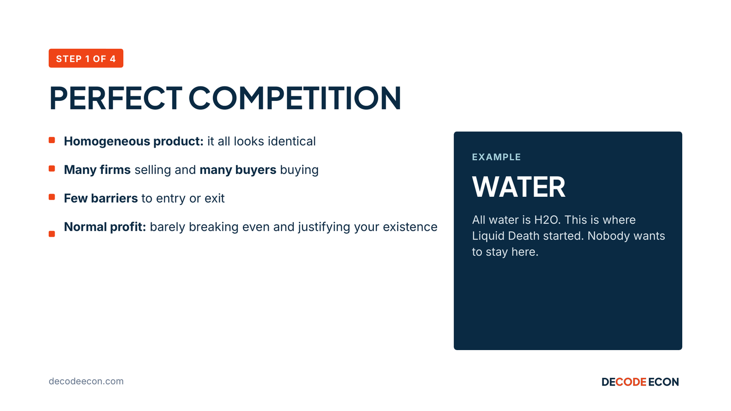 Perfect competition: identical products, many sellers, normal profit. Water is the classic example.