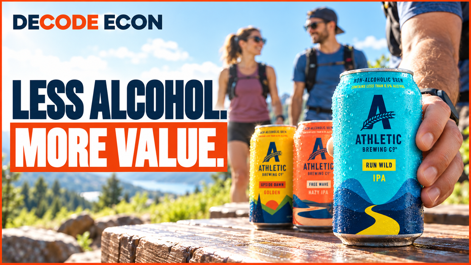 A can of Athletic Brewing Run Wild IPA at a sunlit trailhead