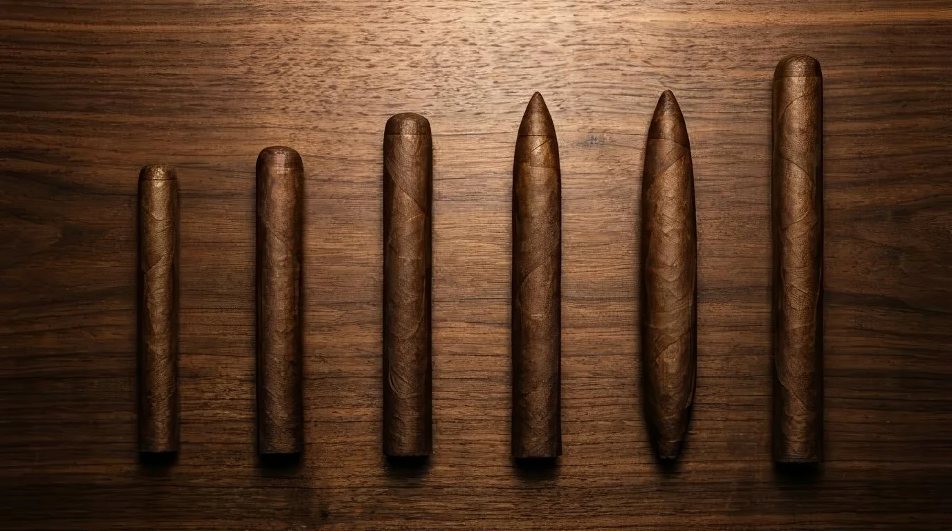 Six cigars of different shapes and lengths laid side by side on walnut
