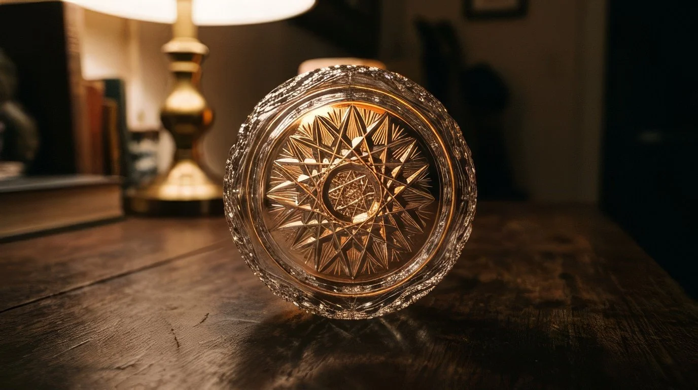 The star-cut base of a crystal whiskey glass glowing in lamplight