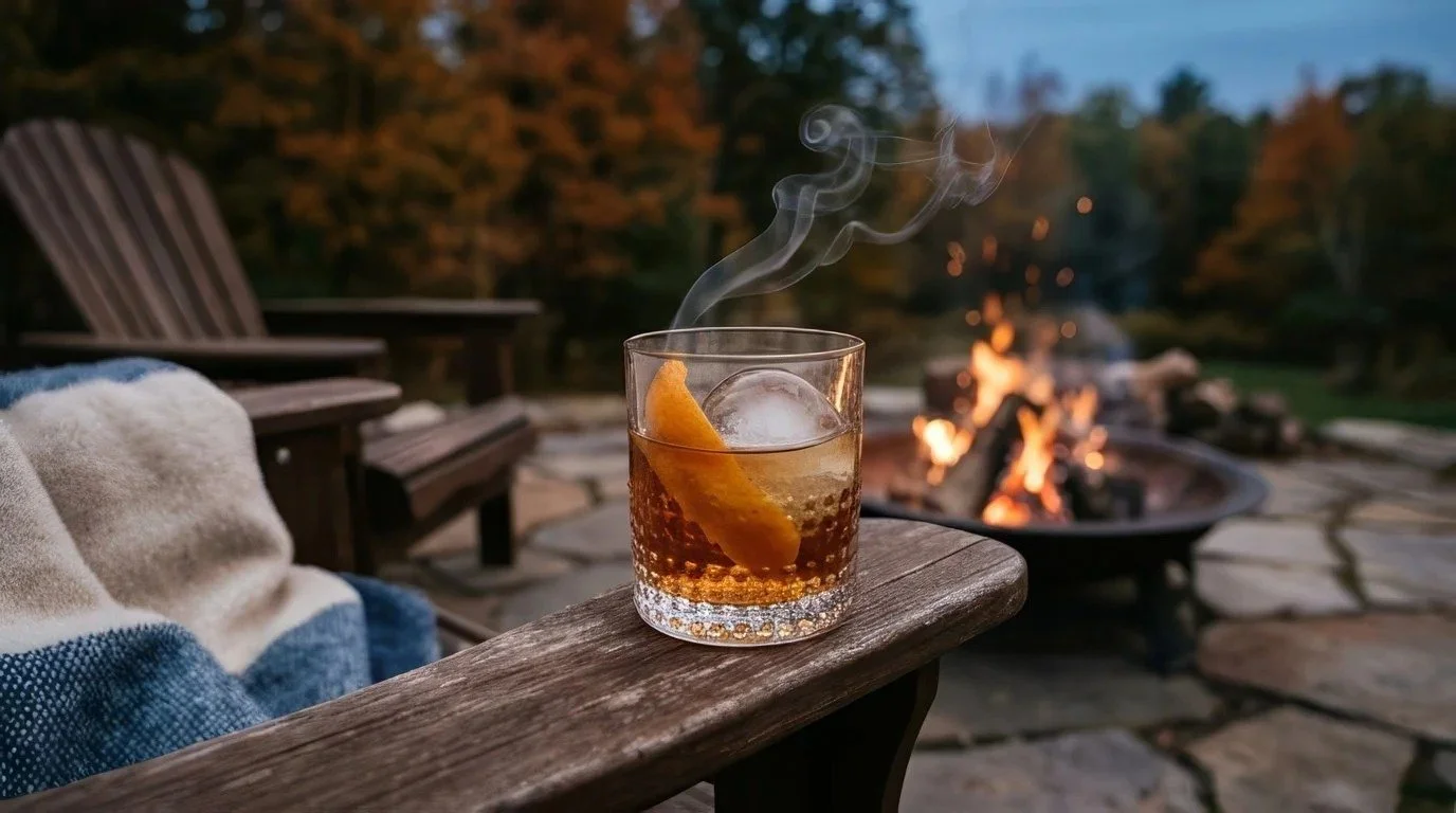 A smoked Old Fashioned with an orange peel resting on the arm of an Adirondack chair, a fire pit glowing behind it at dusk