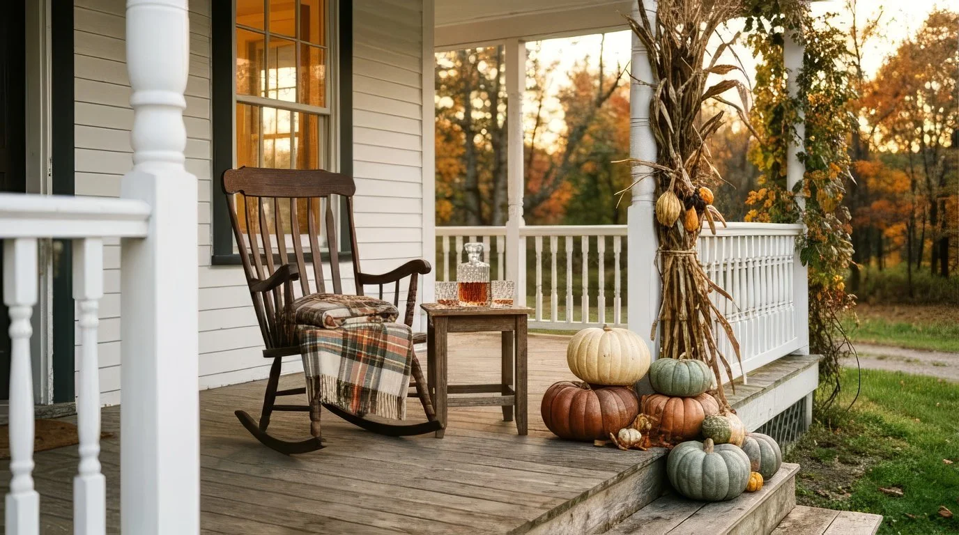 A white farmhouse porch in autumn with a wooden rocker, a plaid blanket, a small table with bourbon and heirloom pumpkins on the steps