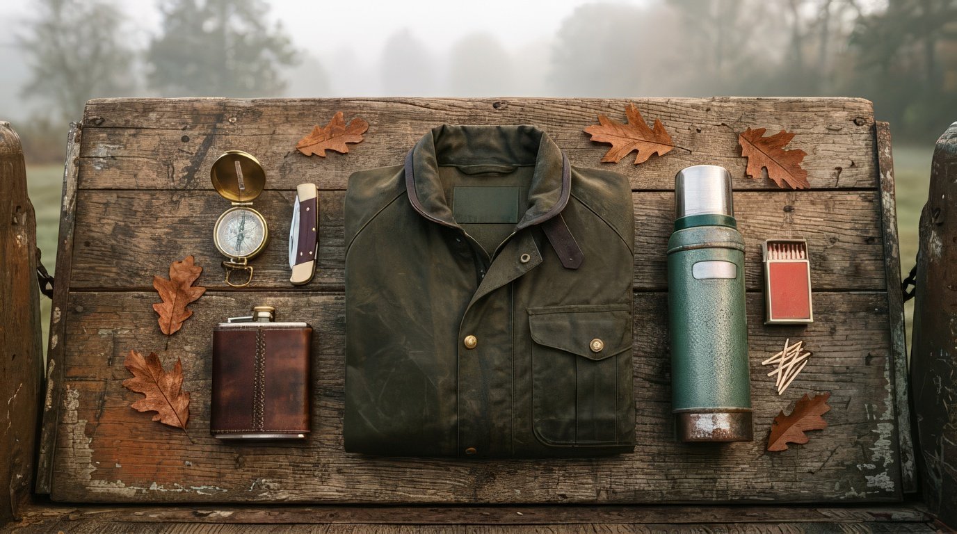 A leather-wrapped flask, brass compass, pocket knife, waxed canvas jacket, thermos and matches laid out on an old wooden tailgate with fallen oak leaves