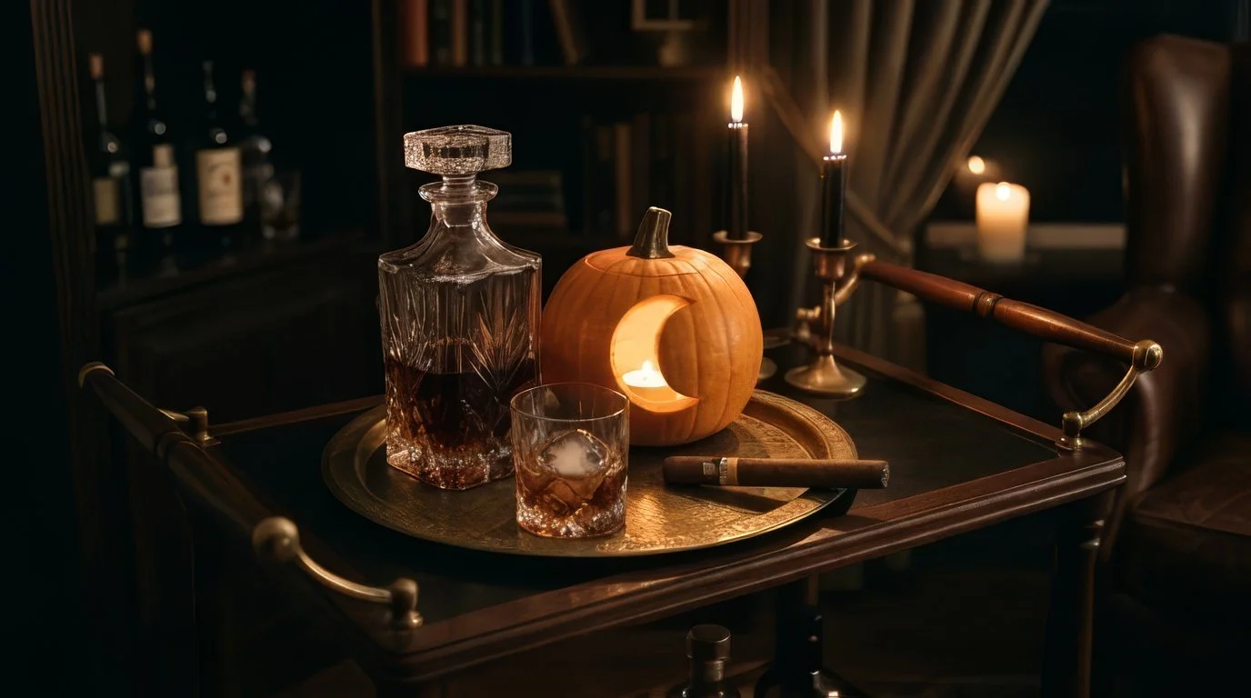 A dark wood bar cart by candlelight with a cut-crystal decanter, a glass of whiskey and a carved pumpkin