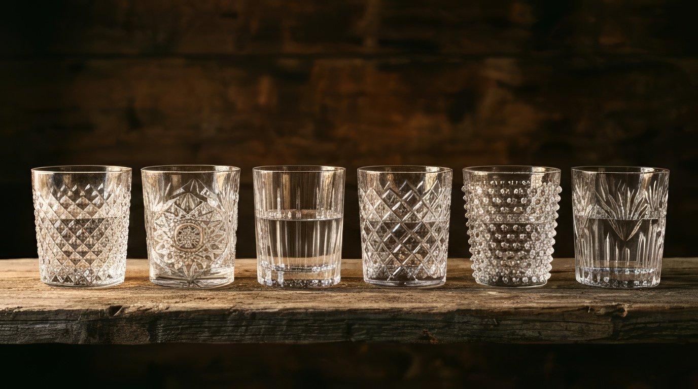 Six crystal rocks glasses in different cut patterns lined up on a wooden shelf