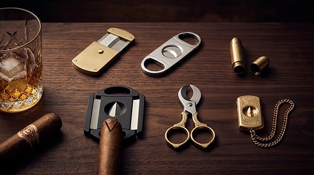 Six cigar cutters laid out on a walnut table: a slide guillotine, a double guillotine, a punch, a V-cutter with a cigar, cigar scissors and a watch-chain cutter