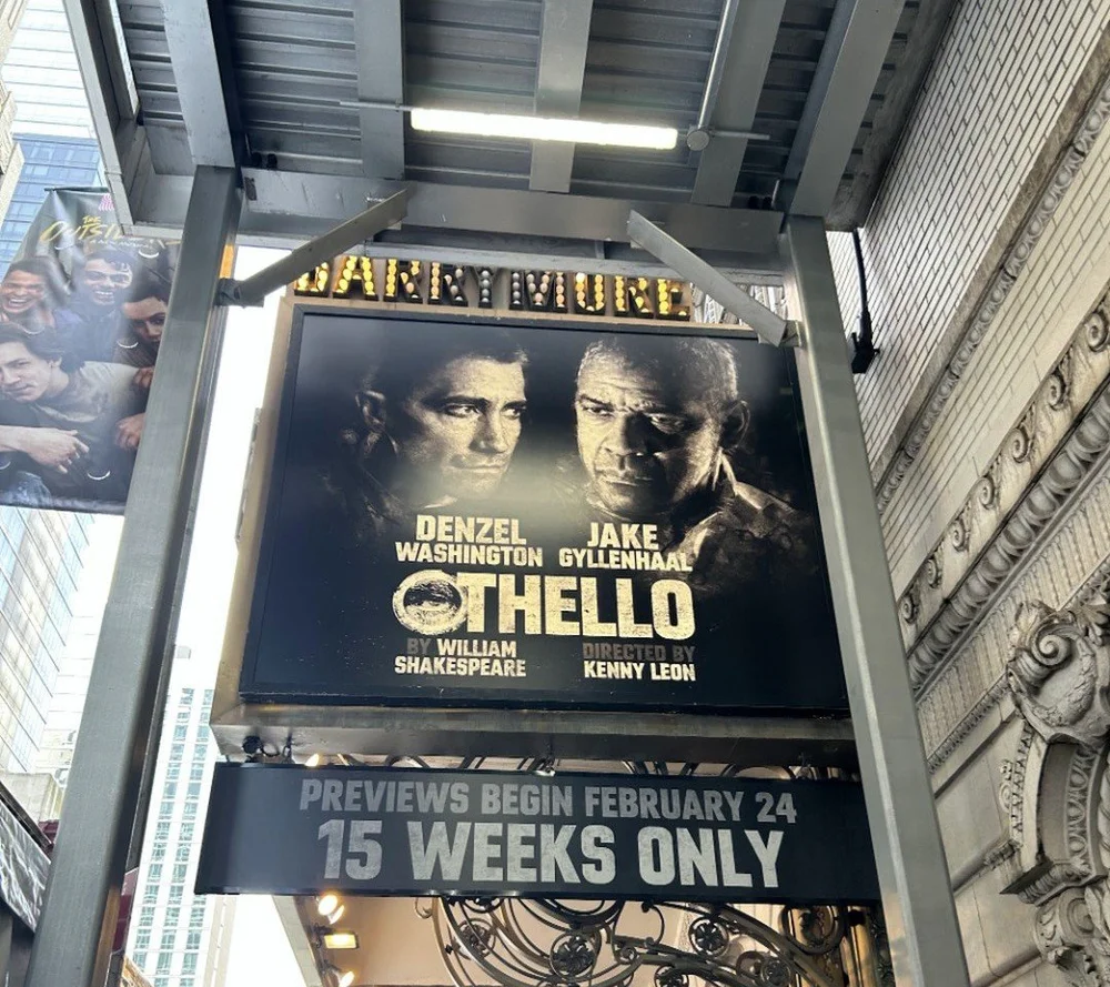 The Ethel Barrymore Theatre marquee for Othello, starring Denzel Washington and Jake Gyllenhaal