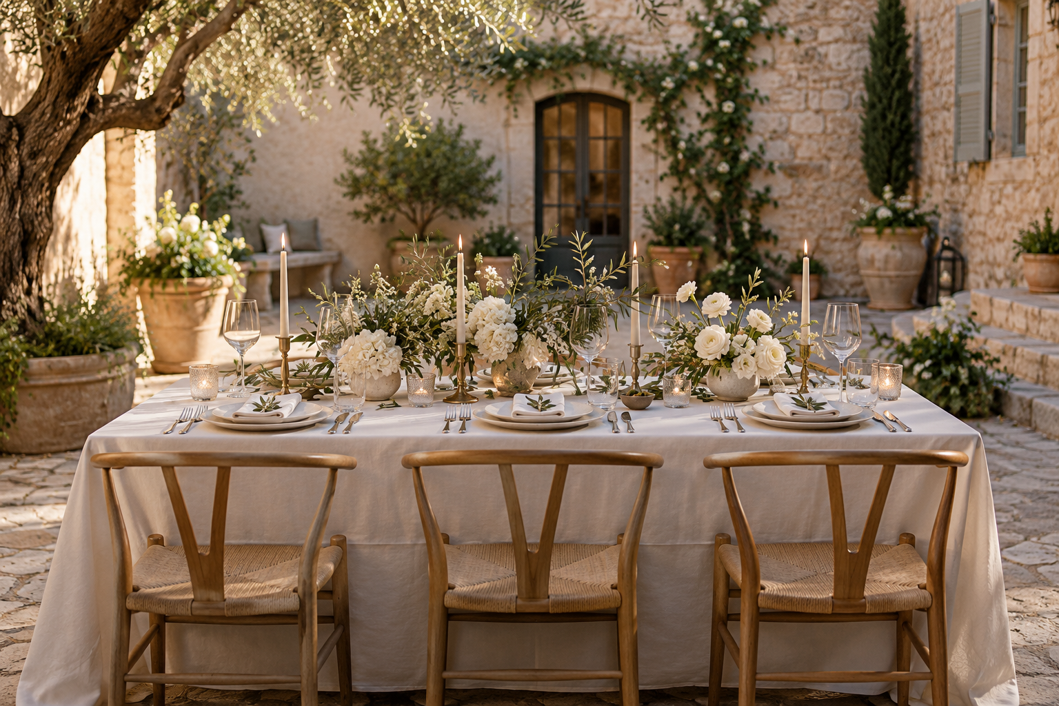 Intimate courtyard wedding table with white florals and olive foliage