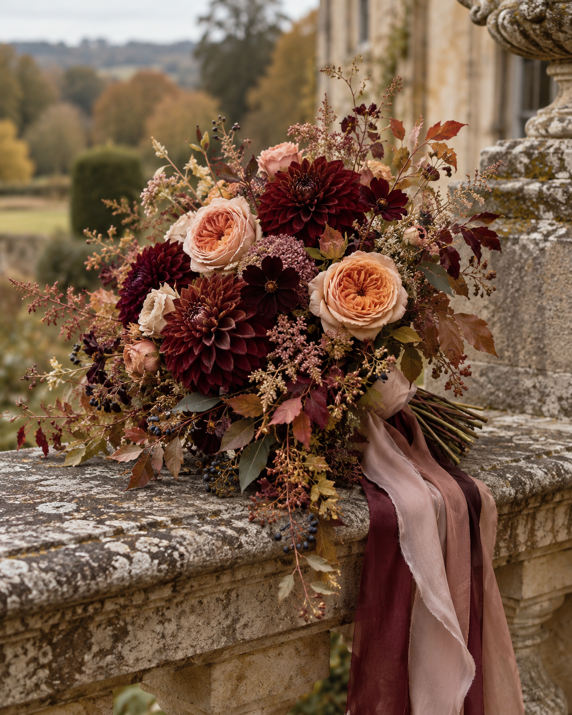 Autumn bouquet of claret dahlias and apricot garden roses