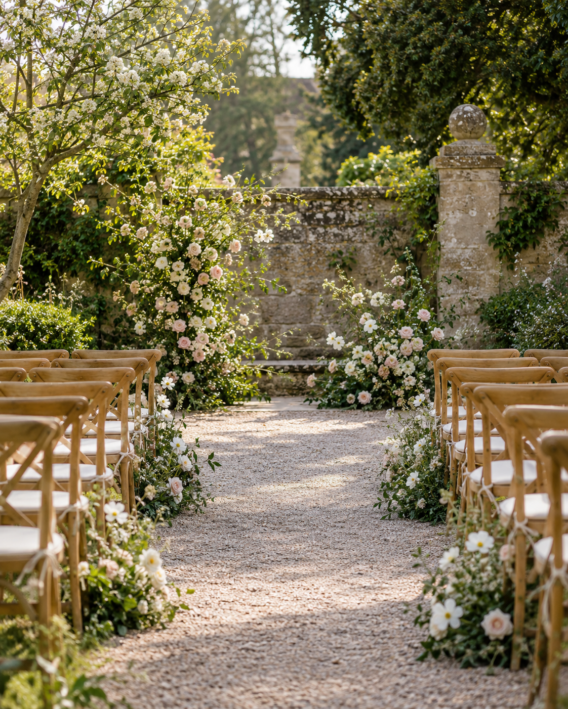 Spring garden ceremony with pale flowers and wooden guest chairs