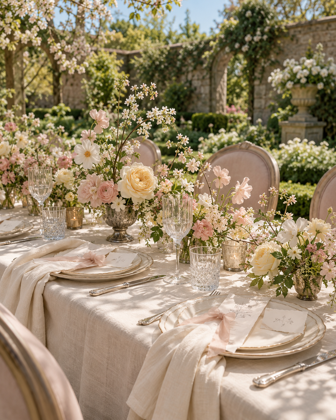 Spring garden wedding tablescape with blush and cream florals, linen and botanical stationery