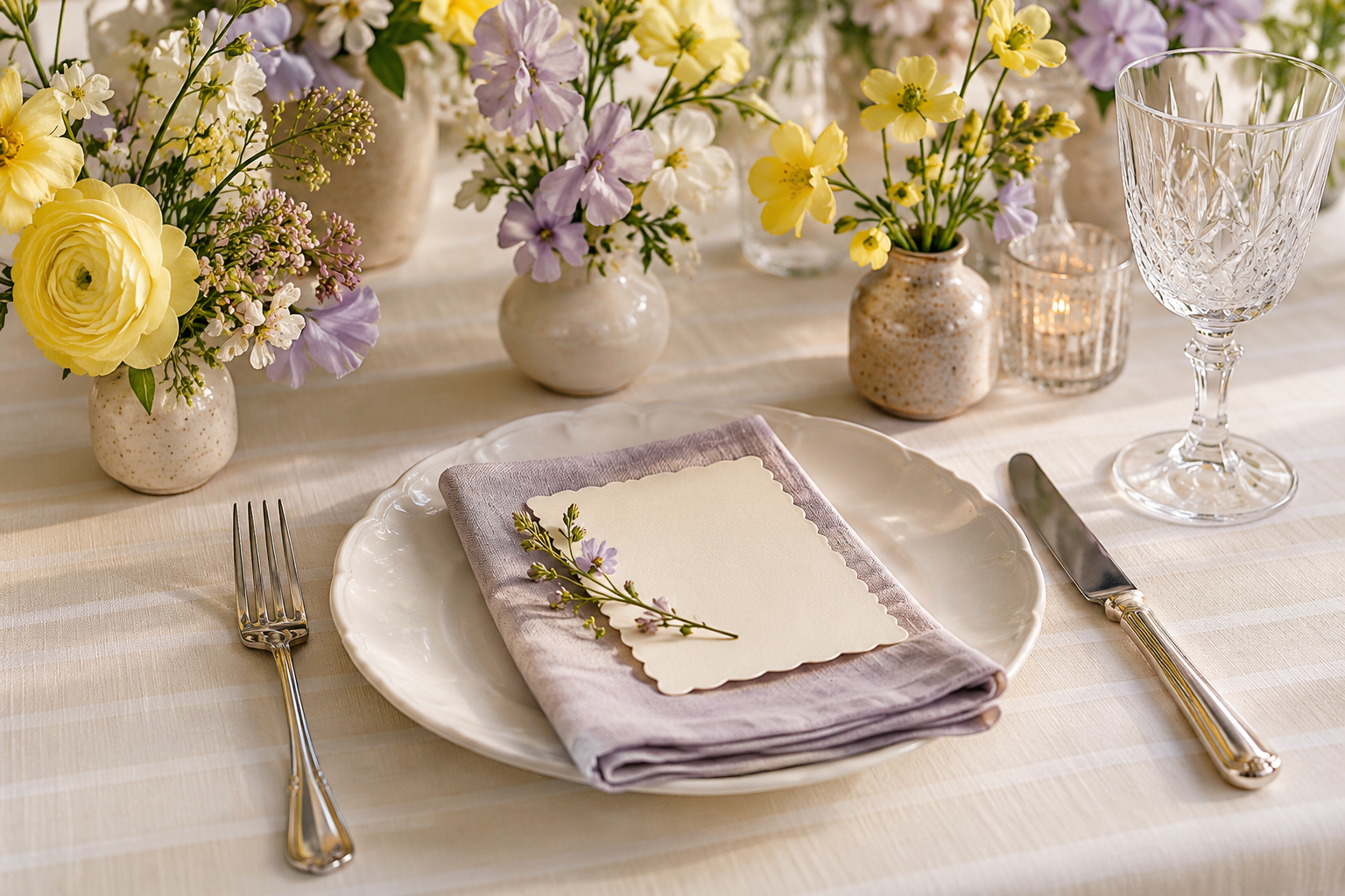 Butter-yellow and lilac flowers with scalloped wedding stationery