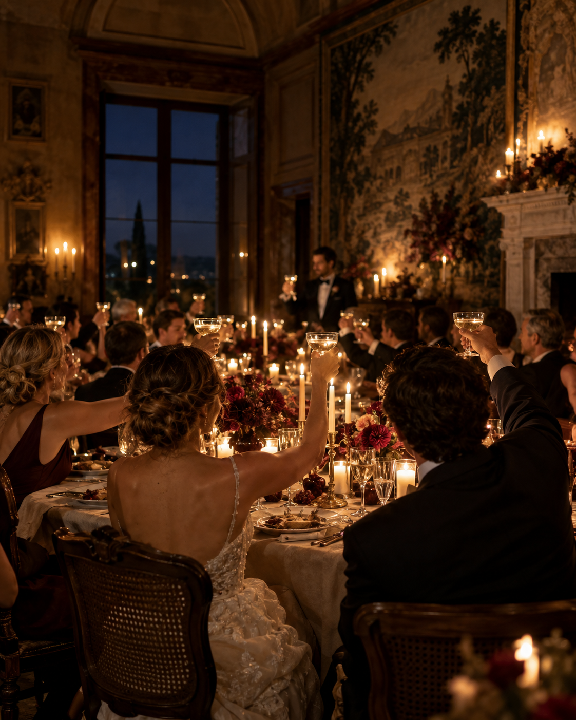 Guests raising champagne glasses at a candlelit wedding dinner
