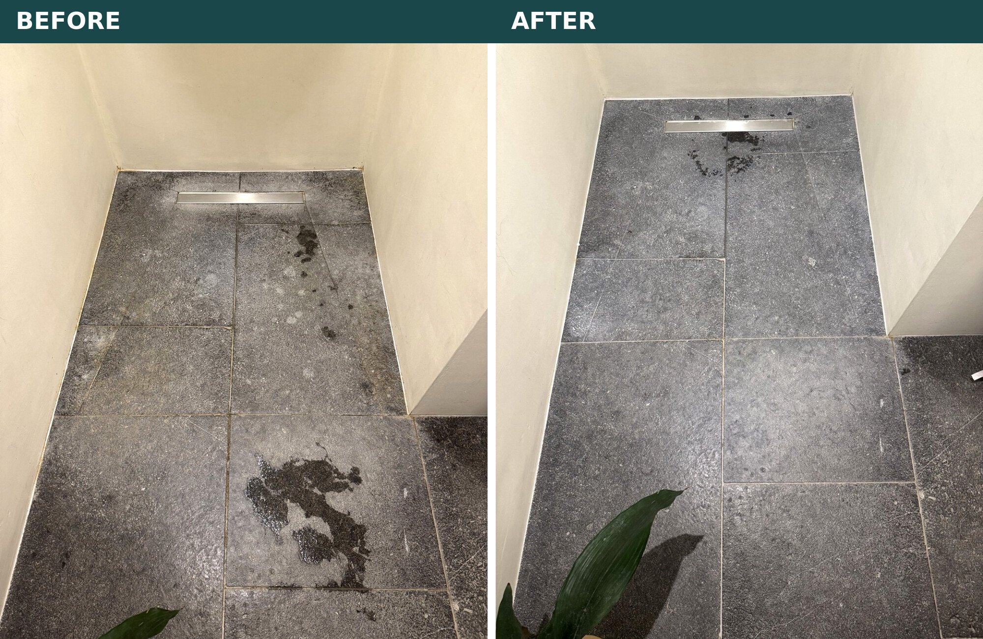 Before and after Smartshine treatment of natural-stone shower tiles at a fitness studio