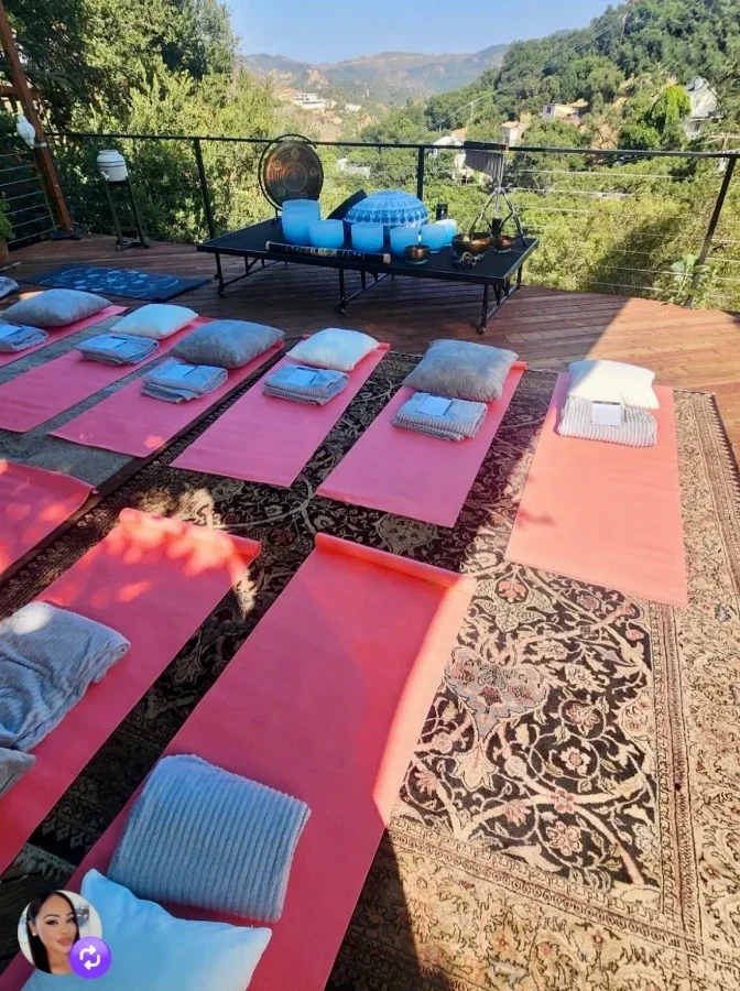 Mats set up on the deck ahead of a gathering