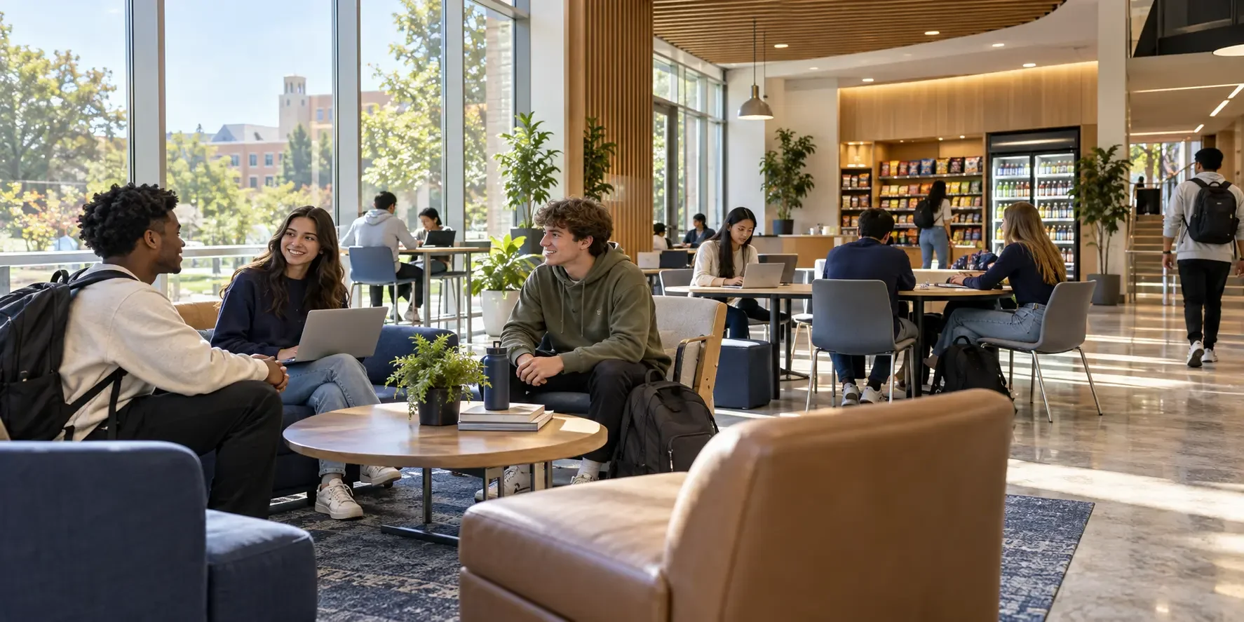 Bright campus common area where people study and gather