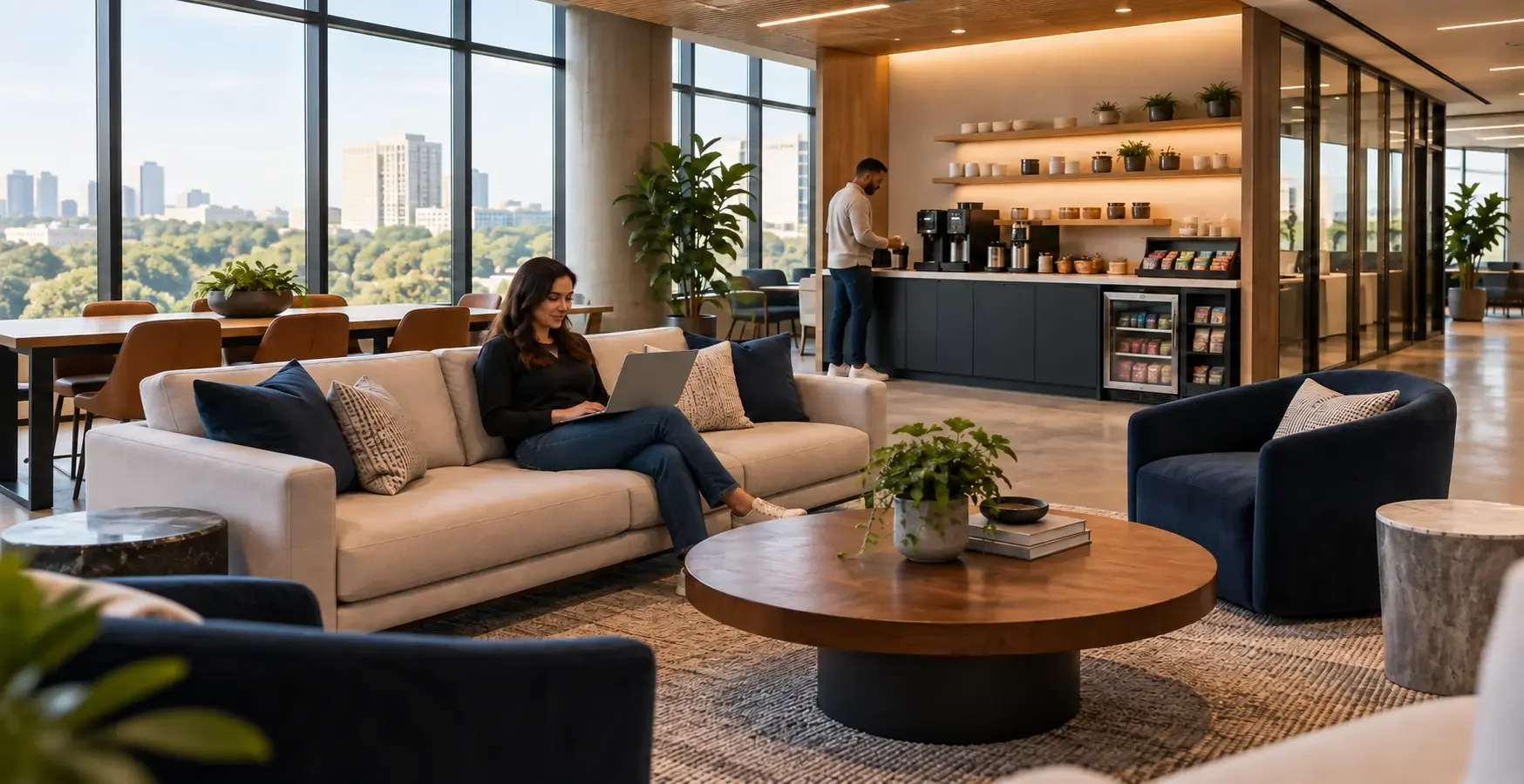 Welcoming workplace lounge with room for a convenient essentials amenity