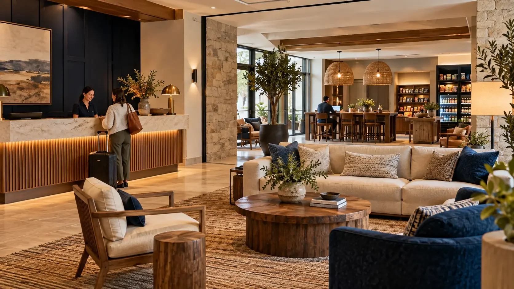 Warm hospitality lobby designed for guests to pause and gather