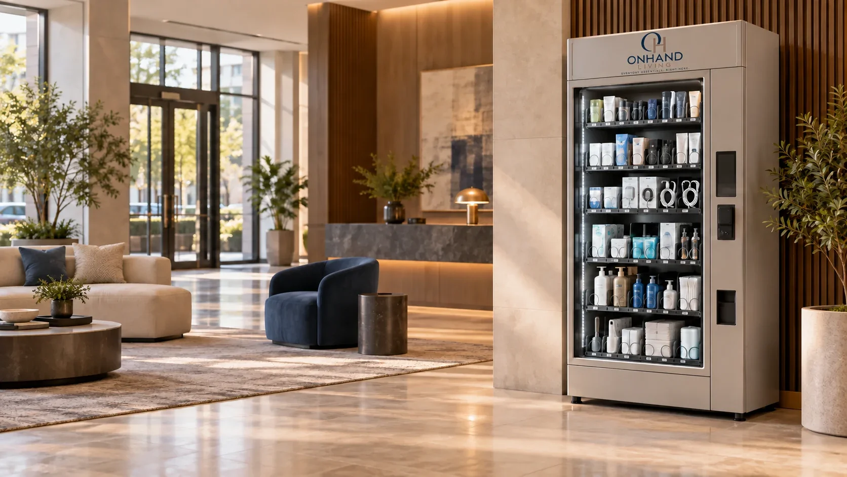OnHand Living Smart Mart machine in a welcoming shared lobby