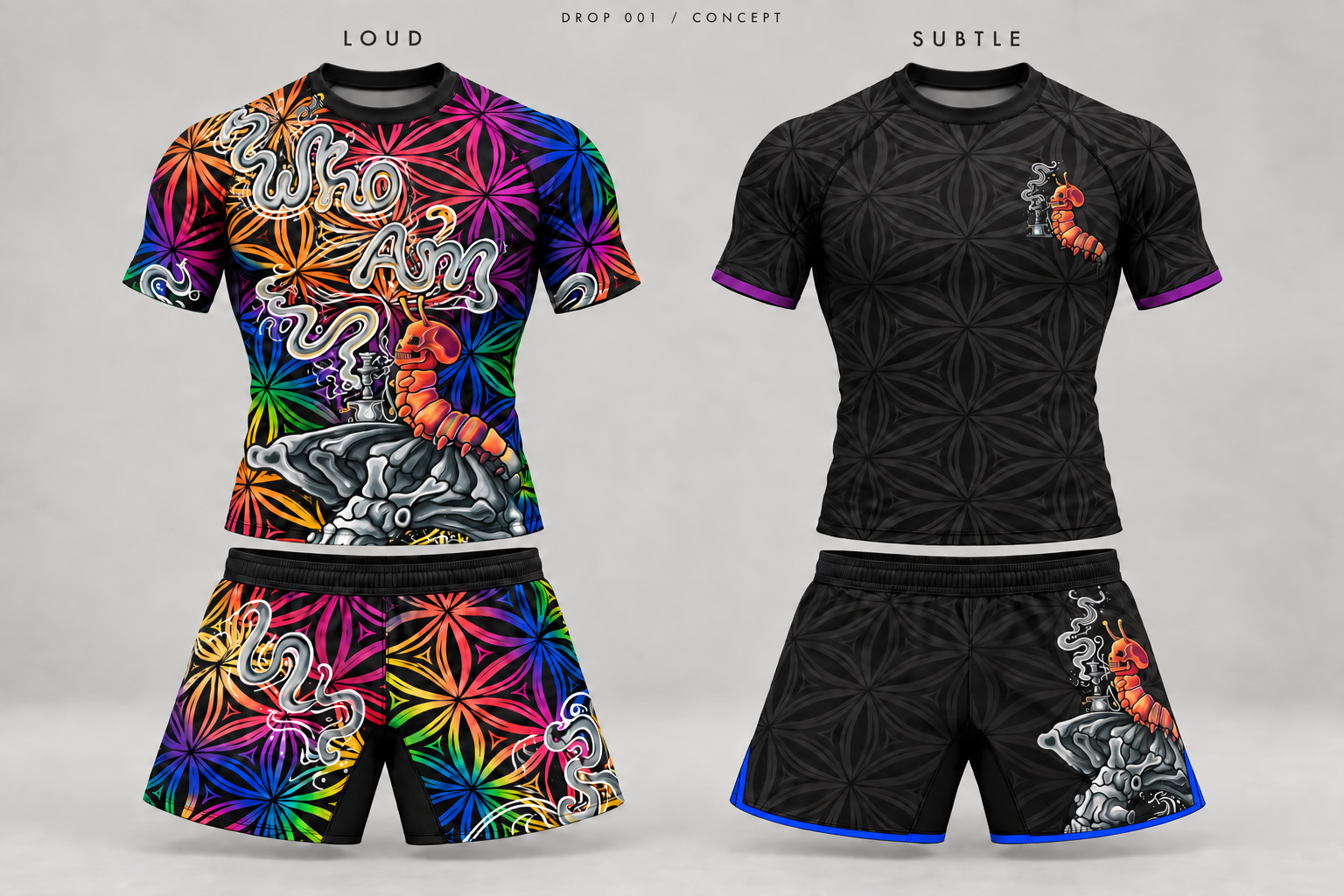 Drop 001 design concepts: colorful loud rashguard and shorts beside the dark subtle set with blue shorts trim