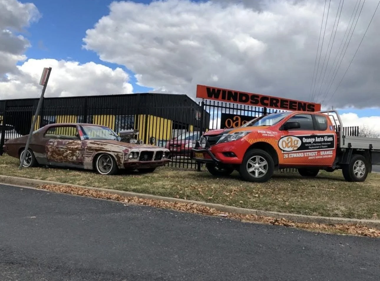 Orange Auto Glass workshop on Edward Street, Orange, with the branded service ute out the front