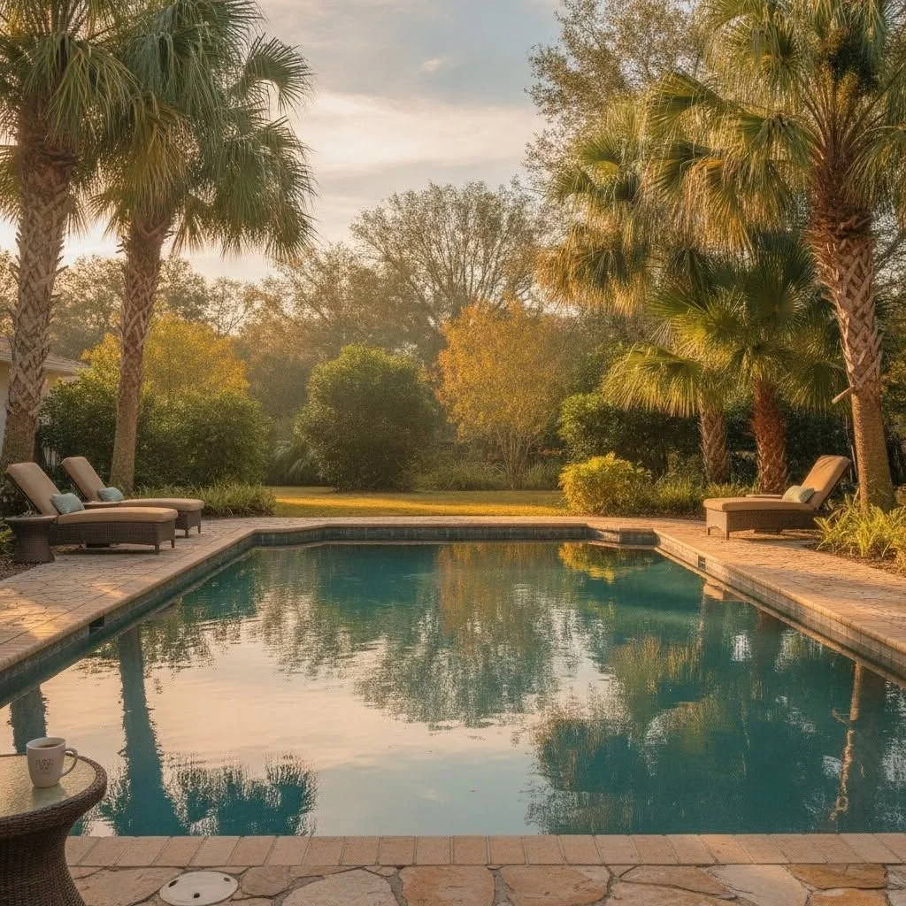 Pool at sunrise with palms