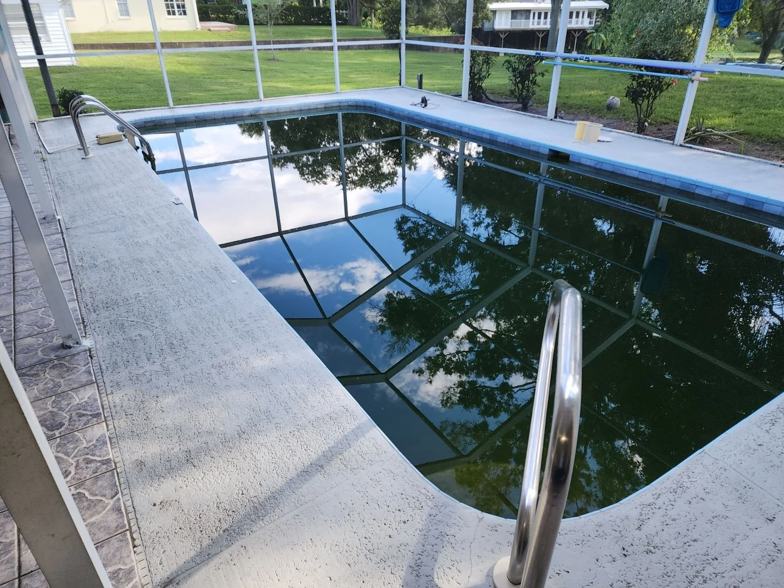 Green pool inside a screen enclosure