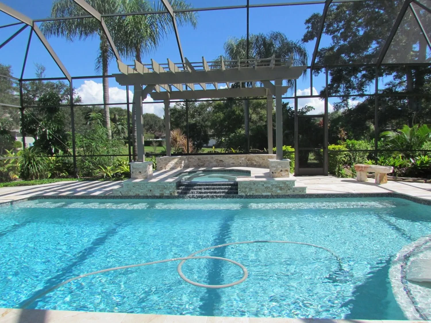 Clean pool under a pergola