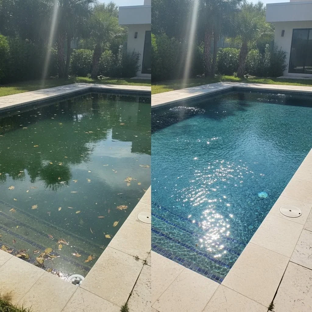 Split view of a pool going from green to clear