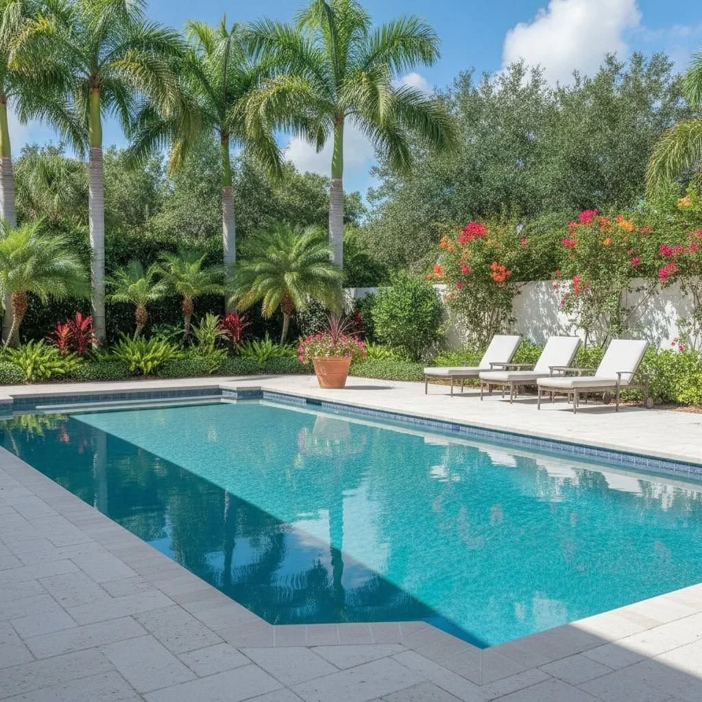 Clean tropical backyard pool ready for guests