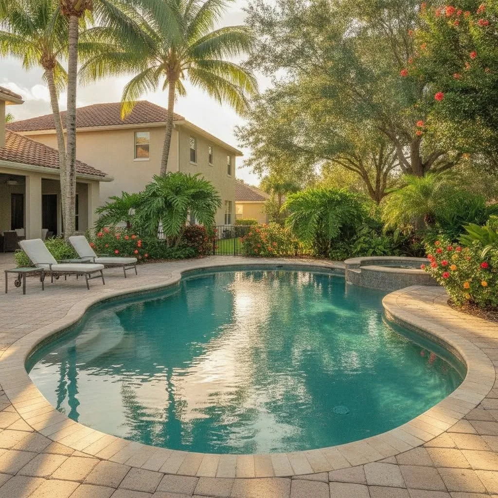 Kidney pool with a sunny garden in Oldsmar